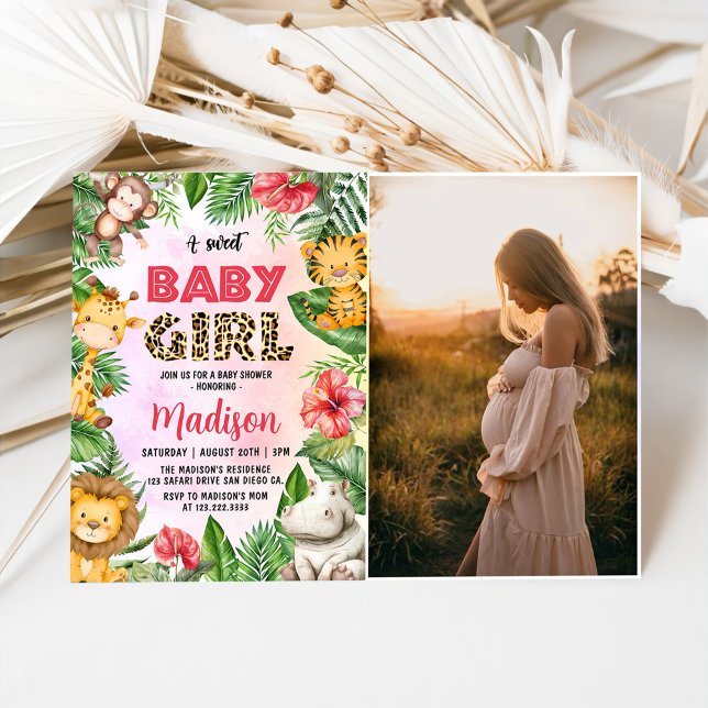 Jungle Safari A Sweet Baby Girl Baby Shower Photo Invitation (Creator Uploaded)