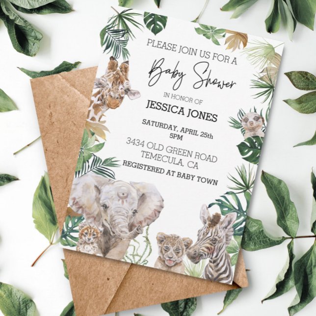 Jungle Safari African baby Animals Tropical Leaves Invitation (Creator Uploaded)