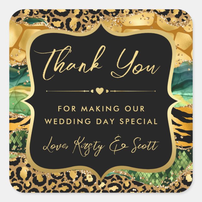Jungle Safari Agate Gold Leopard Print Wedding Square Sticker (Front)