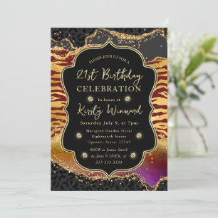 Jungle Safari Agate Gold & Tiger Stripes Birthday Invitation