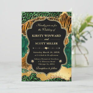 Jungle Safari Agate Green & Gold Accents Wedding Invitation