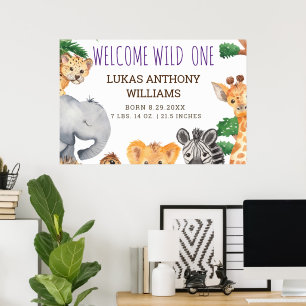 Jungle Safari Animal Baby Birth Announcement  Poster