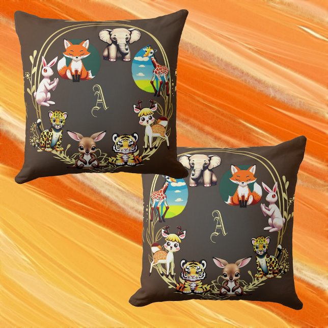 Jungle Safari Animal Kingdom Dark Woods Monogram  Throw Pillow (Jungle Safari Animal Kingdom Dark Woods Monogram Throw Pillow)