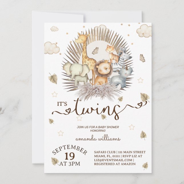 Jungle Safari Animal Twins Baby Shower  Invitation (Front)