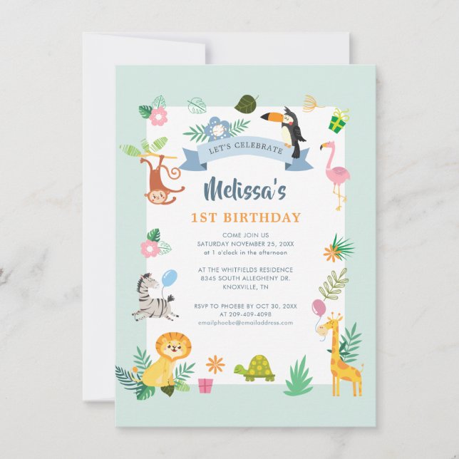 Jungle Safari Animals 1st Birthday Party Invitation (Front)