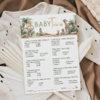 Jungle Safari Animals Baby Shower Trivia Card