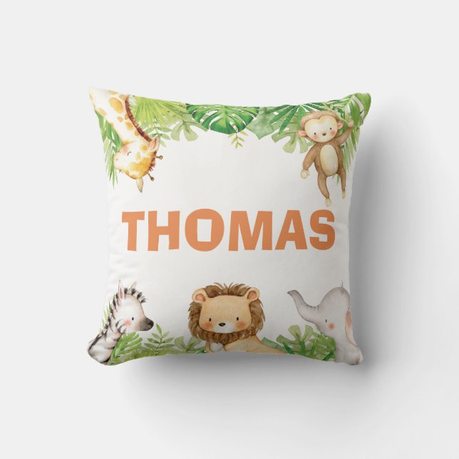 Jungle Safari Animals Birth Stats Baby Boy Nursery Throw Pillow (Front)