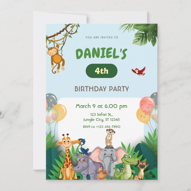 Jungle Safari Animals Birthday Party Invitation (Front)