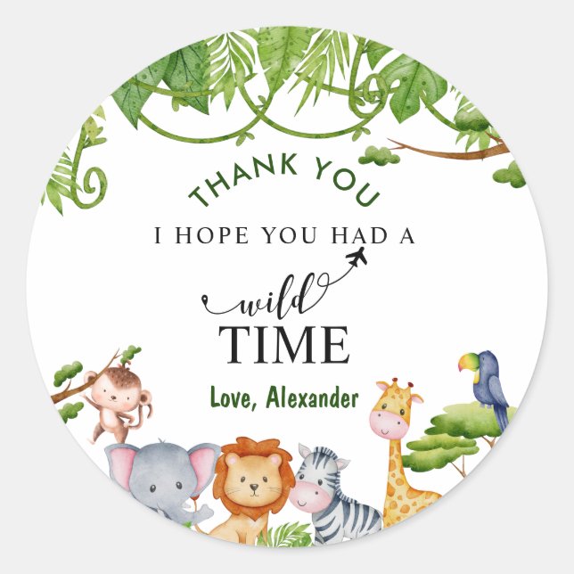Jungle Safari Animals Birthday Thank You Classic Round Sticker (Front)