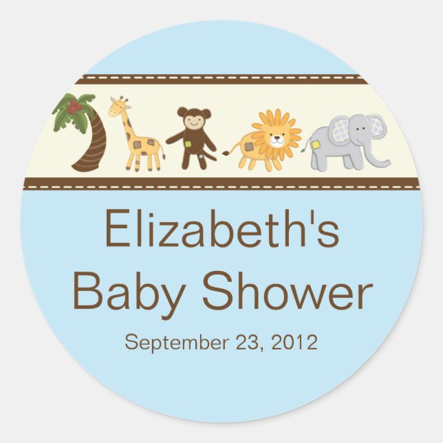 Jungle Safari Animals Blue Boy Baby Shower Classic Round Sticker (Front)