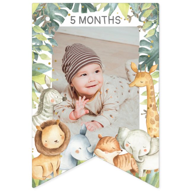 Jungle safari animals boy first birthday photo  bunting flags (First Flag)