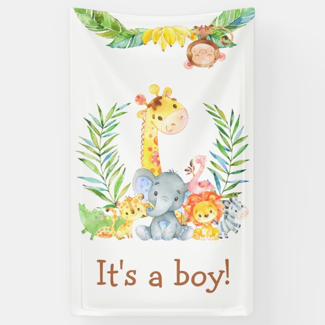 Jungle Safari Animals Cute It's a Boy Baby Shower Banner (Vertical)