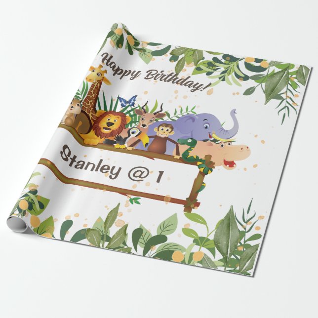 Jungle Safari Animals Forest Custom Birthday Wrapping Paper (Unrolled)