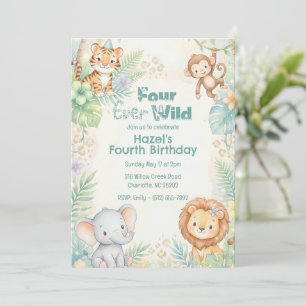 Jungle Safari Animals Four Ever Wild 4th Birthday  Invitation