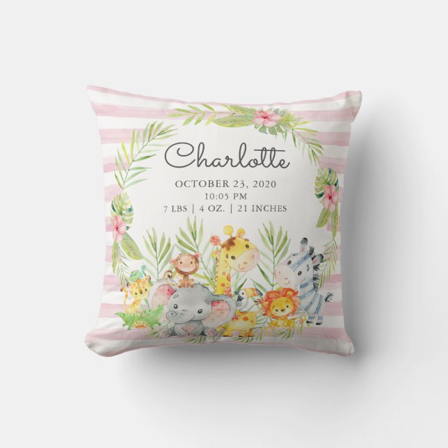 Jungle Safari Animals Girls Birth Birth Stats Throw Pillow (Front)