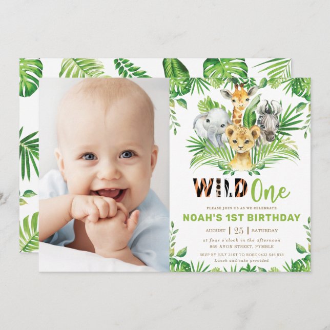 Jungle Safari Animals Greenery 1st Birthday Photo Invitation (Front/Back)