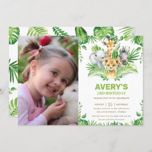 Jungle Safari Animals Greenery Birthday Photo Invitation