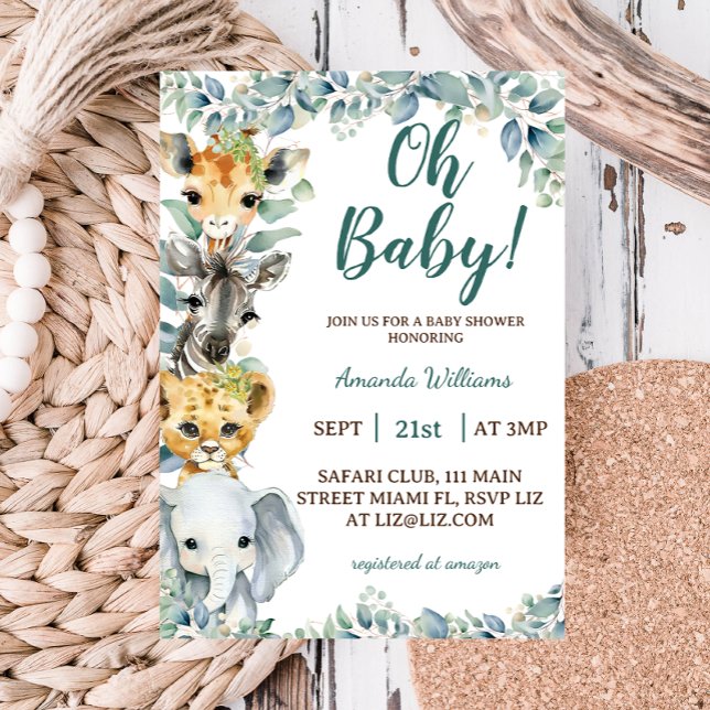 Jungle Safari Animals Greenery Floral Baby Shower Invitation (Creator Uploaded)