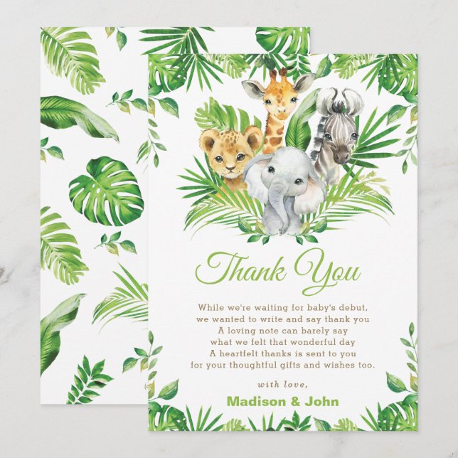 Jungle Safari Animals Greenery Neutral Baby Shower Thank You Card (Front/Back)
