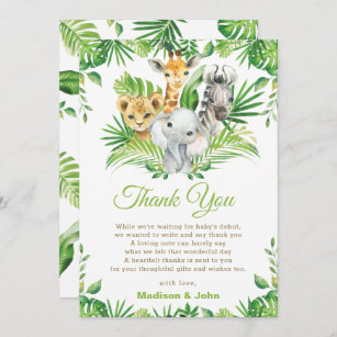 Jungle Safari Animals Greenery Neutral Baby Shower Thank You Card