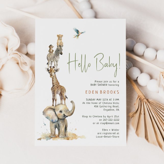 Jungle Safari Animals "Hello Baby" Baby Shower Invitation (Creator Uploaded)