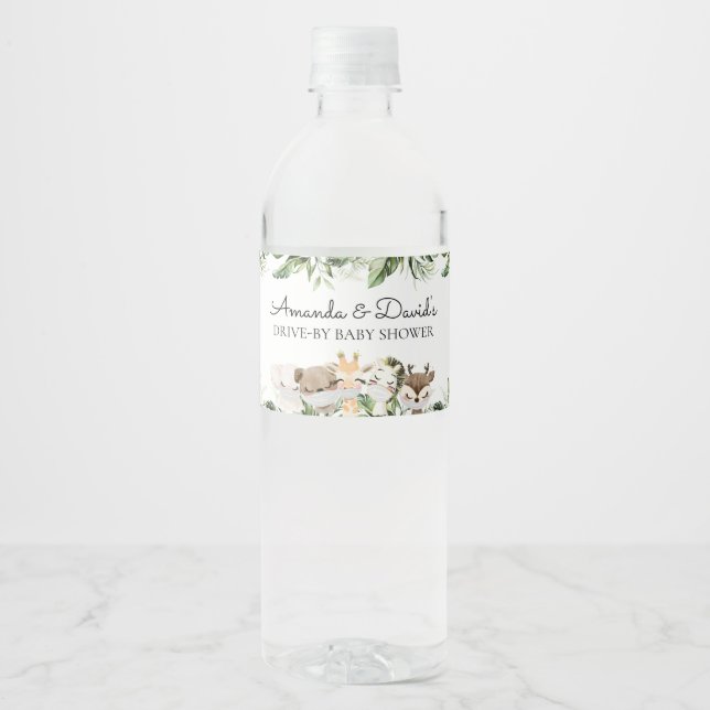 Jungle Safari Animals Neutral Drive By Baby Shower Water Bottle Label (Front)