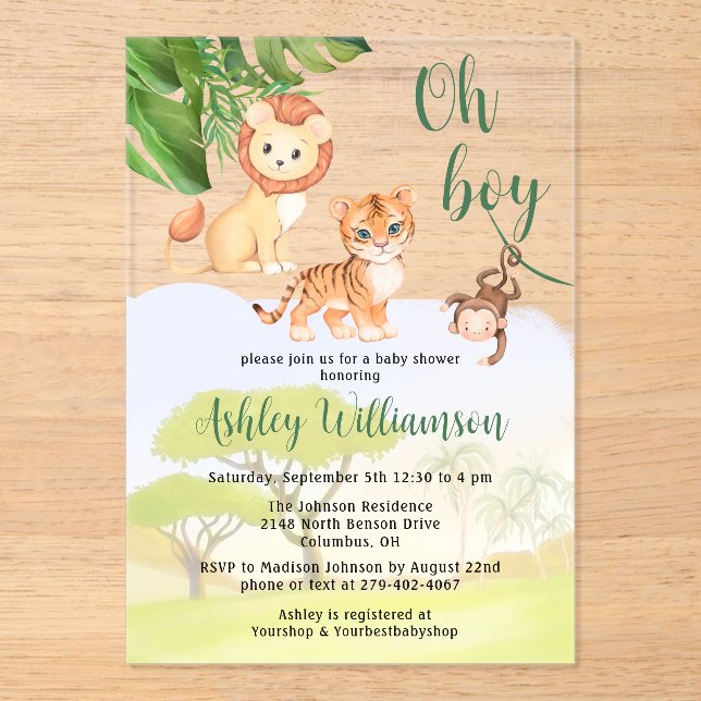 Jungle Safari Animals Oh Boy Baby Shower   Acrylic Invitations (Front)