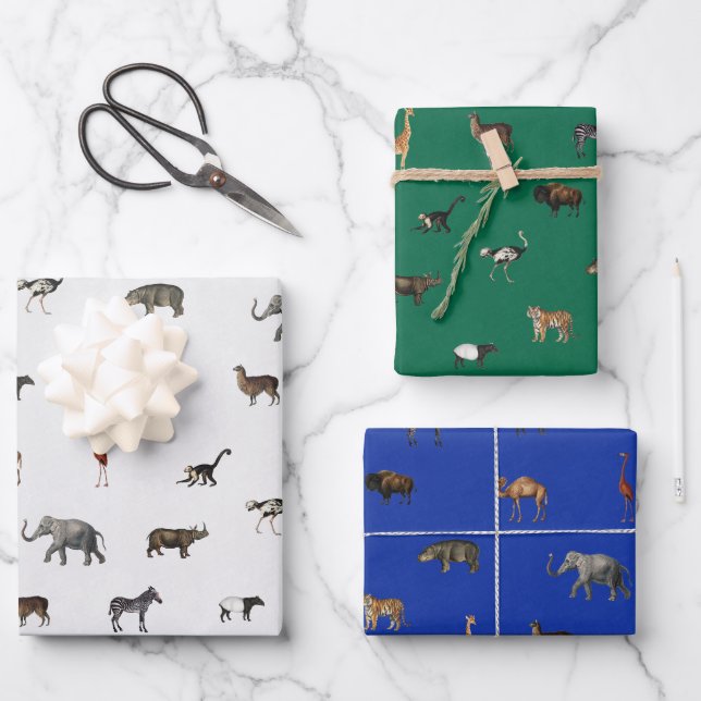 Jungle Safari Animals Pattern Blue Green Grey Wrapping Paper Sheet (Front)