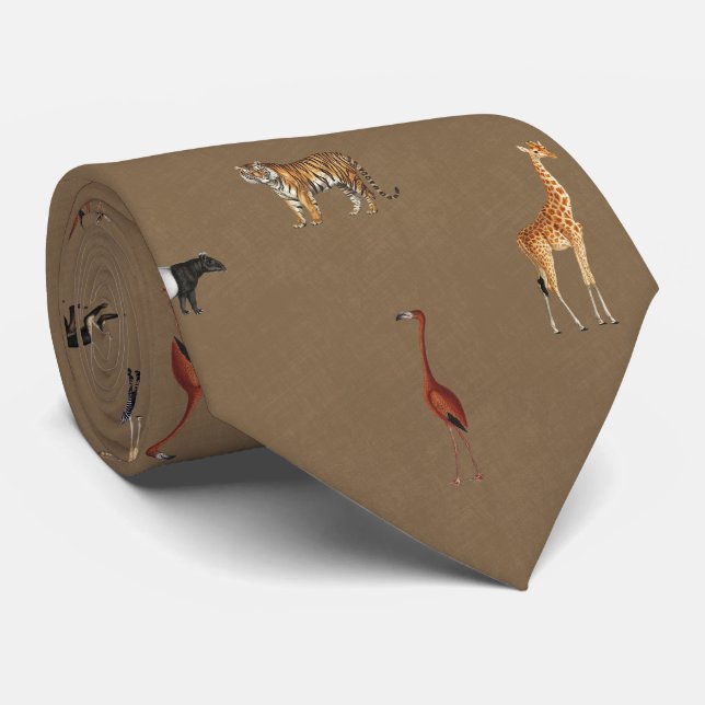 Jungle Safari Animals Pattern Camel Brown Neck Tie (Rolled)