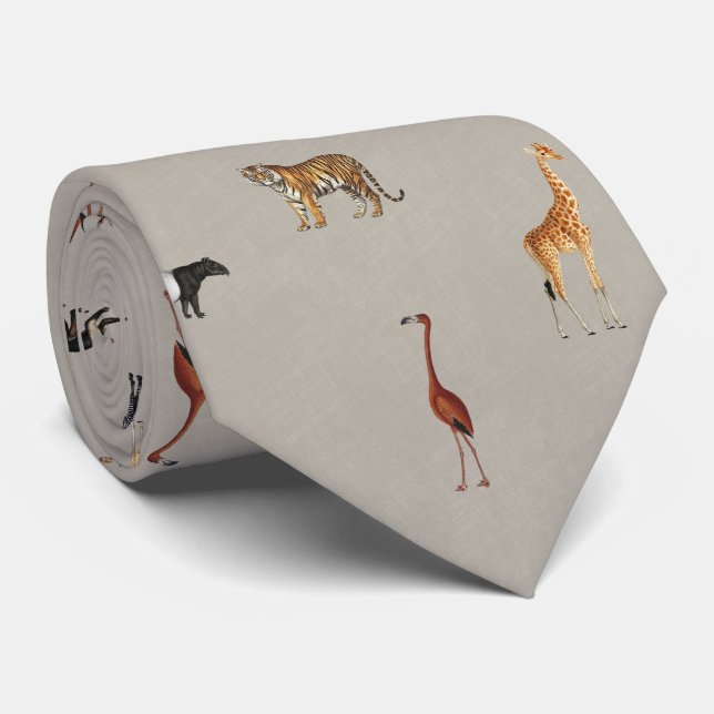 Jungle Safari Animals Pattern Grey Neck Tie (Rolled)
