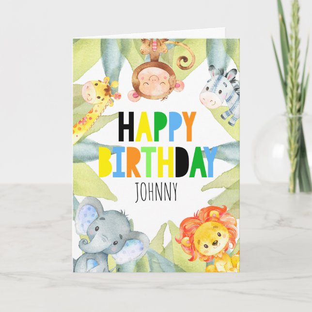 Jungle Safari Animals Personalized Birthday Card (Front)