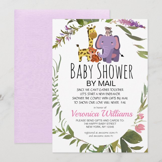 Jungle Safari Animals Tropical Baby Shower By Mail Invitation (Front/Back)