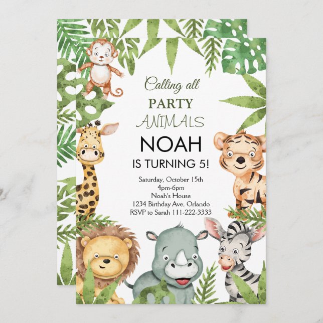 Jungle Safari Animaux Anniversaire Fête Invitation (Devant / Derrière)