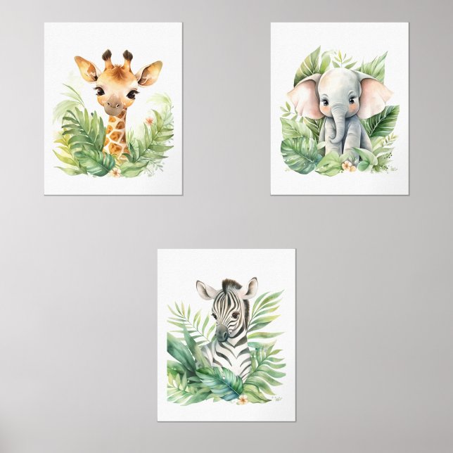 Jungle Safari Animaux Nursery Wall Art Jeux de 3 (Recto)