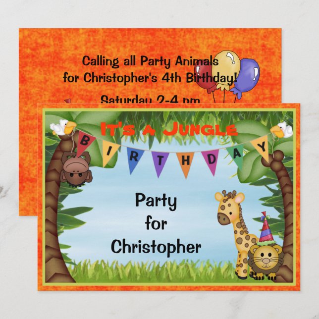 Jungle Safari Anniversaire Fête Invitation (Devant / Derrière)