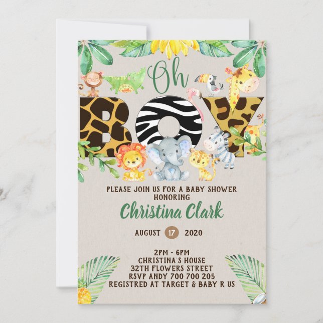 Jungle Safari Baby Shower Oh Boy Cute Invitation (Front)