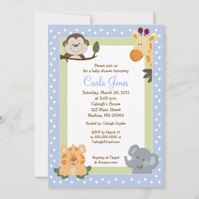 Jungle Safari Blue 5x7 Baby Shower Invitations (Front)