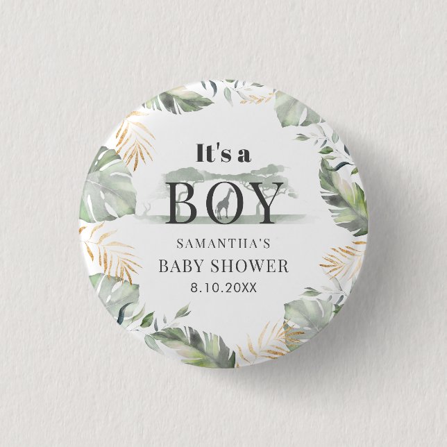 Jungle Safari Botanical Boy Baby Shower 1 Inch Round Button (Front)