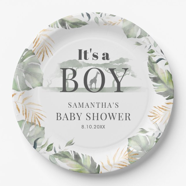Jungle Safari Botanical Boy Baby Shower Paper Plate (Front)