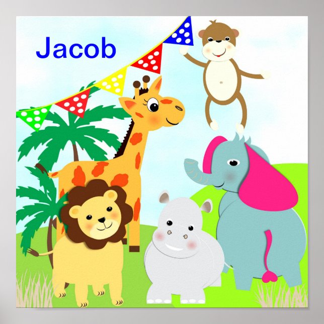 Jungle Safari Cute Animals Personalized Picture Poster (Front)
