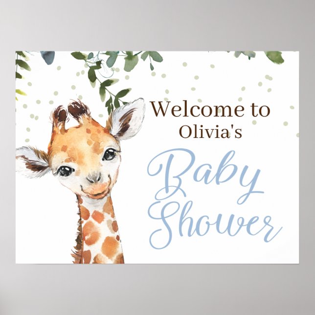 Jungle Safari Giraffe Blue Welcome Baby Shower Poster (Front)