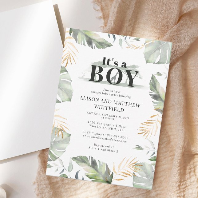 Jungle Safari Giraffe Botanical Couple Baby Shower Invitation (Watercolor Foliage Boy Couples Baby Shower Invitation)