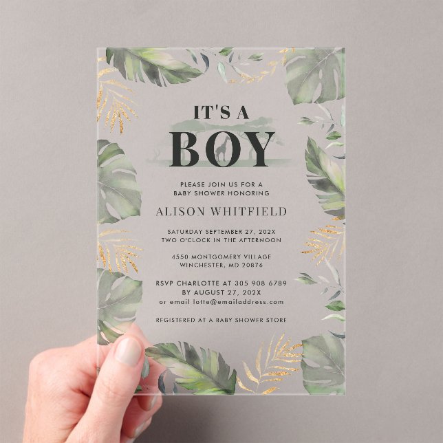 Jungle Safari Giraffe Palms Leaves Baby Shower Acrylic Invitations (Insitu (Handheld))