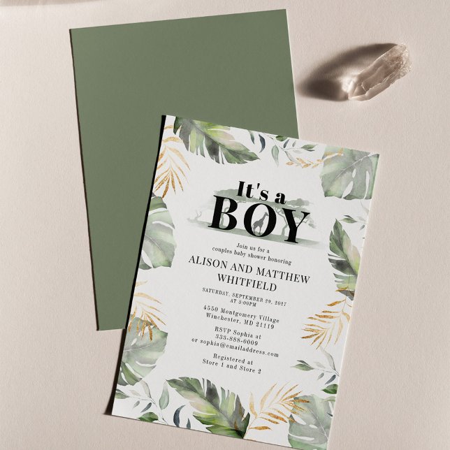 Jungle Safari Giraffe Palms Leaves Baby Shower Invitation (Creator Uploaded)
