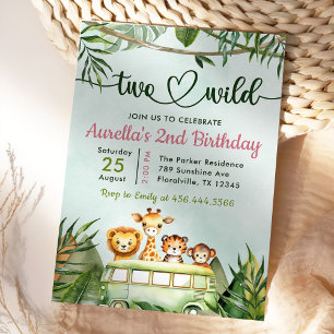 Jungle Safari Girl Two Wild 2nd Birthday Invitation