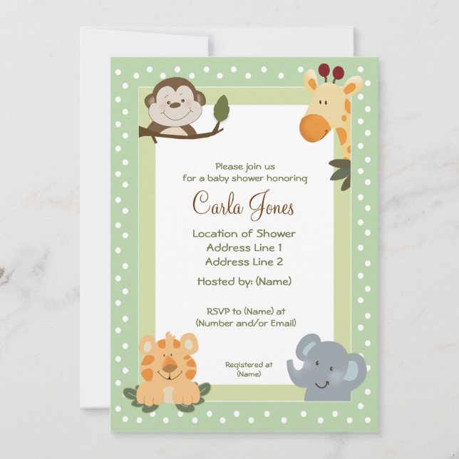 Jungle Safari Green 5x7 Baby Shower Invitations (Devant)