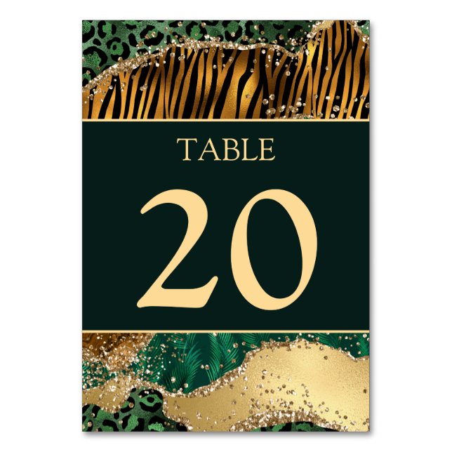 Jungle Safari Green Glitter Wedding Table Number (Front)