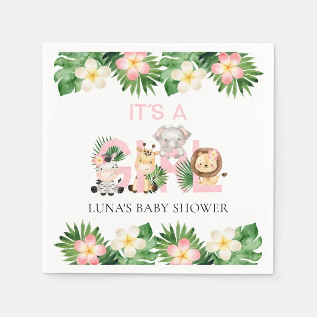 Jungle Safari It's a Girl Baby Shower Napkin (Front)