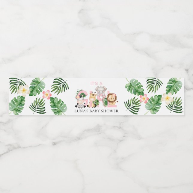 Jungle Safari It's a Girl Baby Shower Water Bottle Label (Single Label)