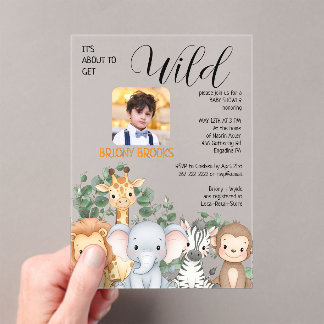 Jungle Safari "It's About To Get Wild" Baby Shower Acrylic Invitations
